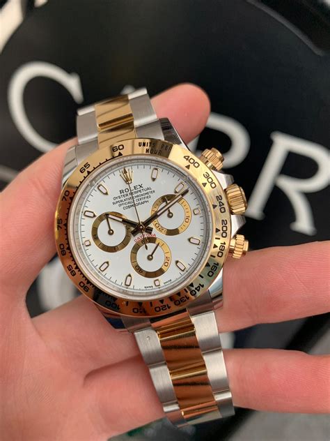 rolex cosmograph daytona gold white dial|Rolex Cosmograph Daytona Oyster, 40 mm, white gold .